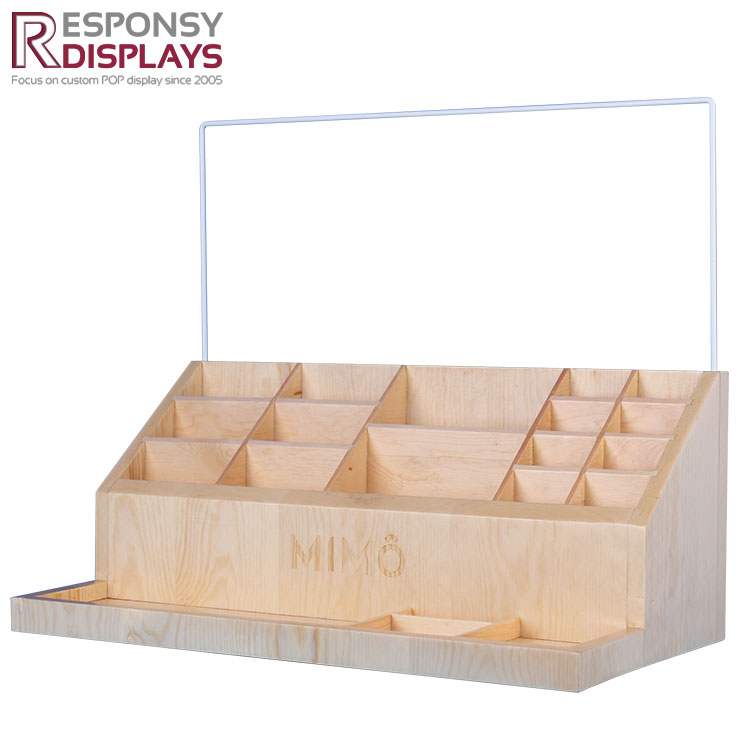 Shopping Mall Counter Natural Wood Glass Bottle Display Stand